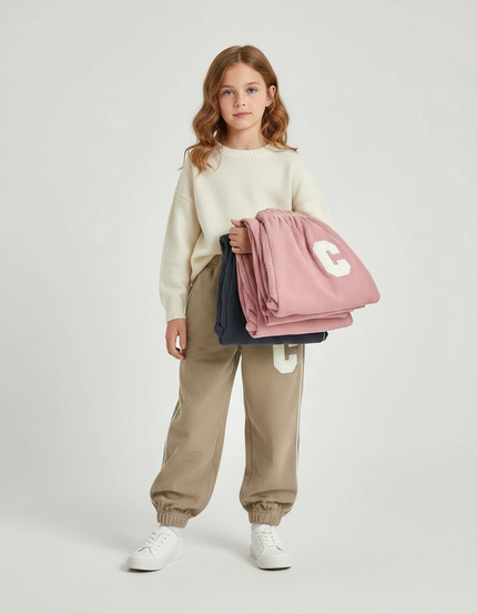 Pantalon Parachute Beige Côtelé Lettre C Fille - Cordé