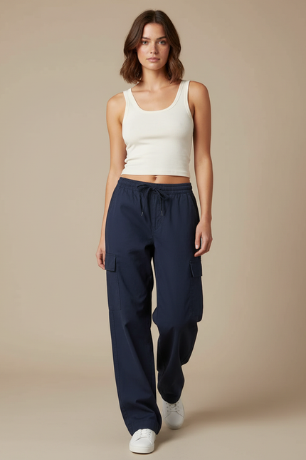 Pantalon Parachute Bleu Marine Ample Cordon Streetwear - Polyester