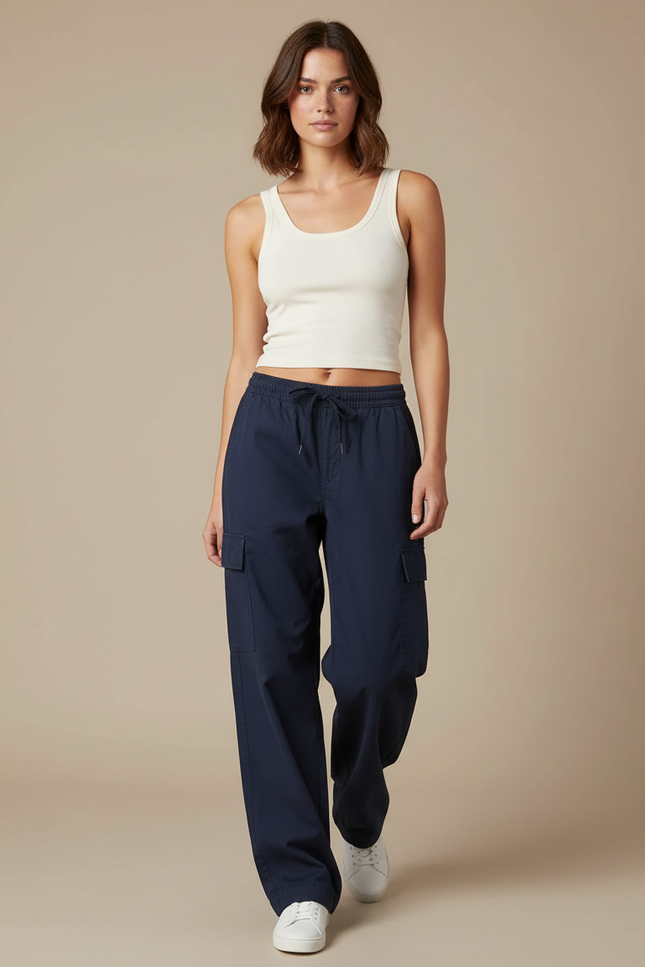 Pantalon Parachute Bleu Marine Ample Cordon Streetwear - Polyester