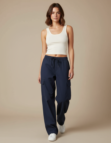 Pantalon Parachute Bleu Marine Ample Cordon Streetwear - Polyester