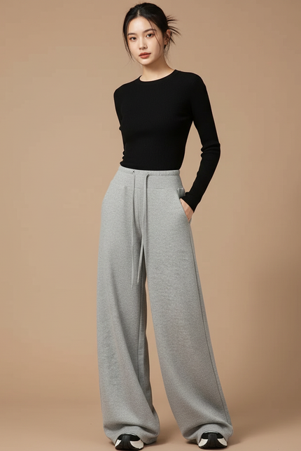 Pantalon Parachute Gris Ample Cordon Décontracté Doux - Molleton