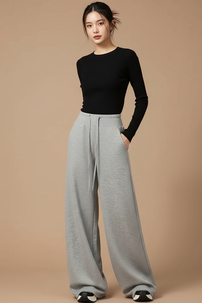 Pantalon Parachute Gris Ample Cordon Décontracté Doux - Molleton