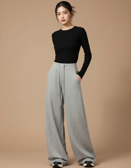 Pantalon Parachute Gris Ample Cordon Décontracté Doux - Molleton