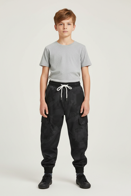 Pantalon Parachute Noir Cargo Imprimé Géométrique Enfant - Polyester