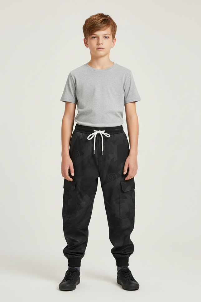 Pantalon Parachute Noir Cargo Imprimé Géométrique Enfant - Polyester
