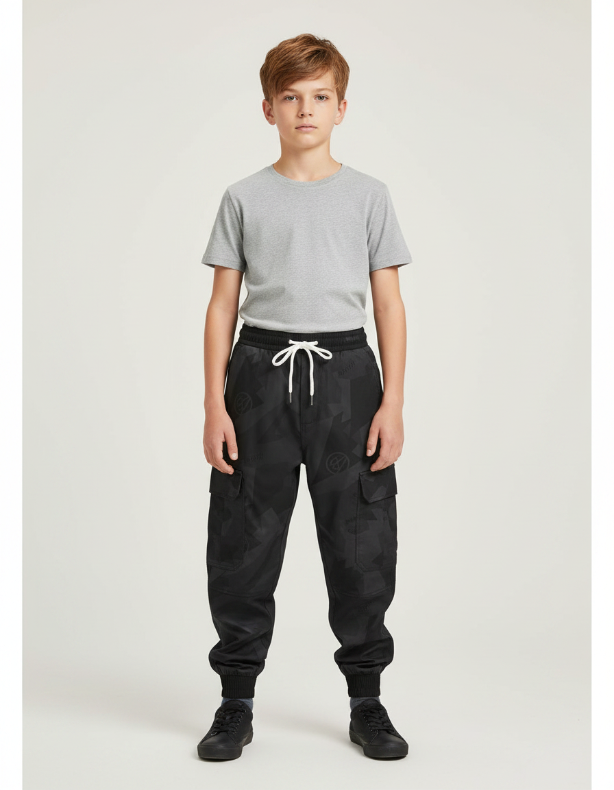 Pantalon Parachute Noir Cargo Imprimé Géométrique Enfant - Polyester