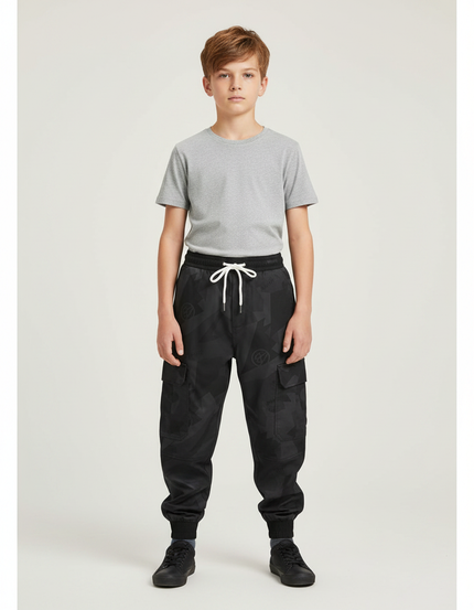 Pantalon Parachute Noir Cargo Imprimé Géométrique Enfant - Polyester