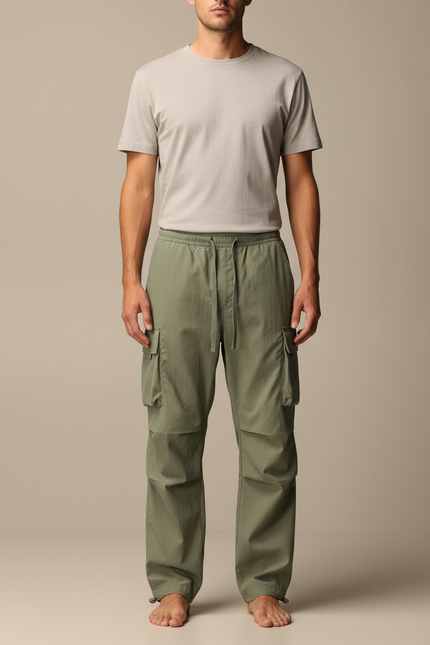 Pantalon Parachute Cargo Ample Vert Coton Homme - Kaki