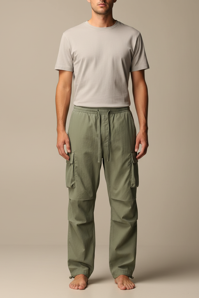 Pantalon Parachute Cargo Ample Vert Coton Homme - Kaki