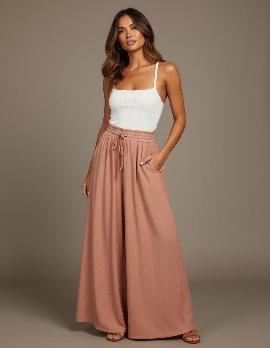 Pantalon Parachute Fluide Ample Taille Élastique Rose - Viscose