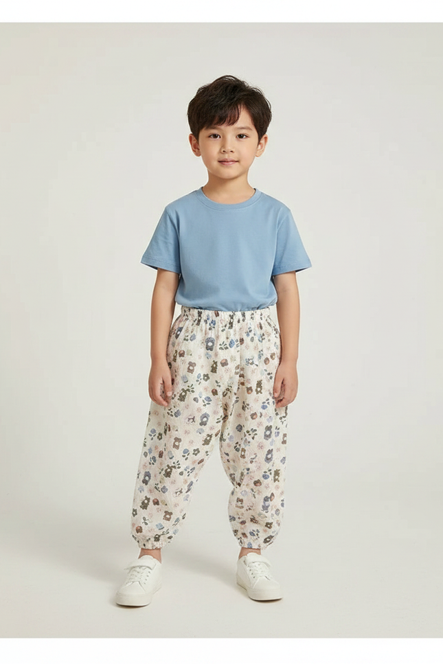 Pantalon Parachute Crème Ample Fleuri Coton Enfant - Imprimé