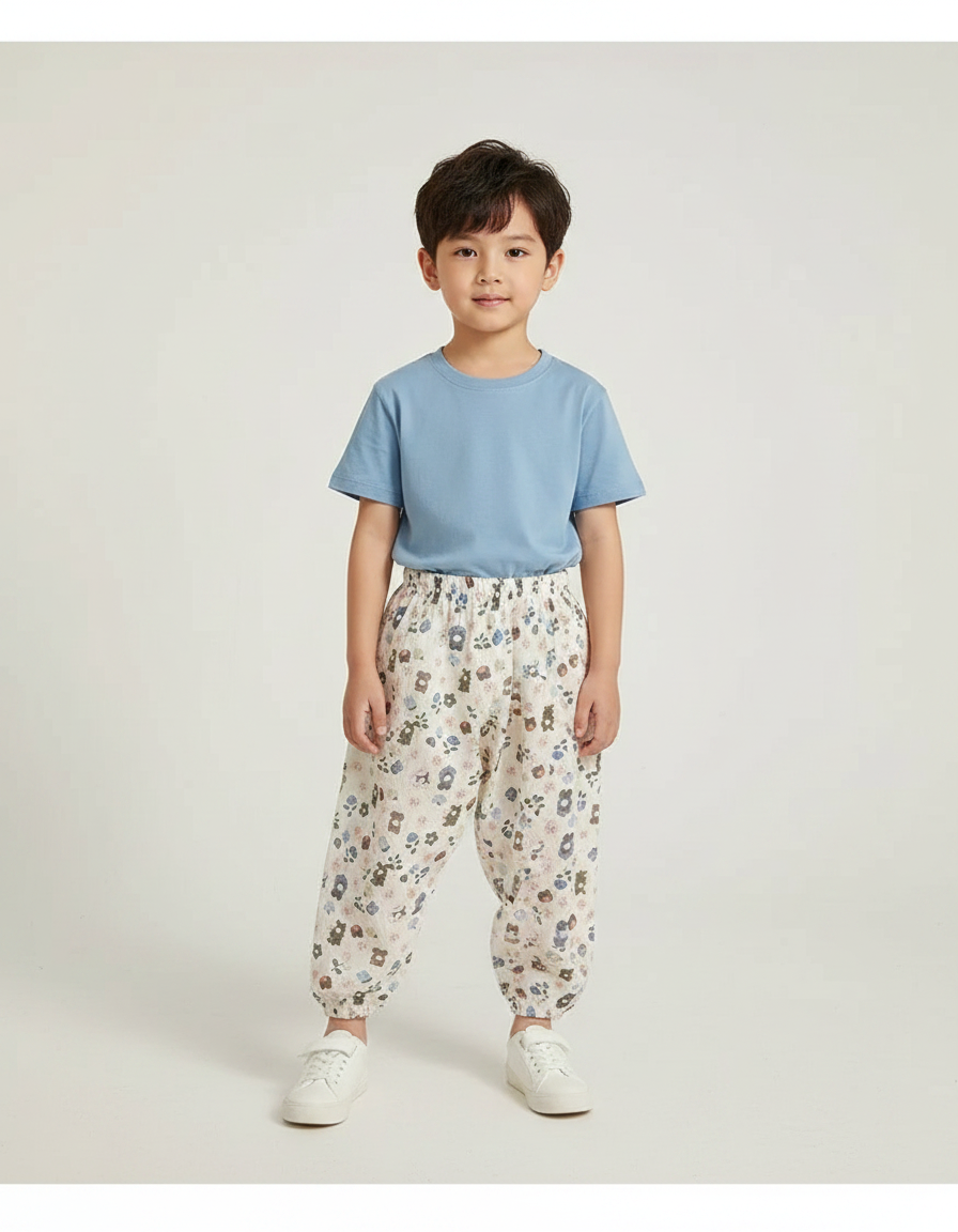 Pantalon Parachute Crème Ample Fleuri Coton Enfant - Imprimé