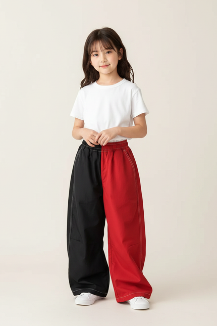 Pantalon Parachute Bicolore Ample Rouge Noir Enfant - Multicolore Polyester