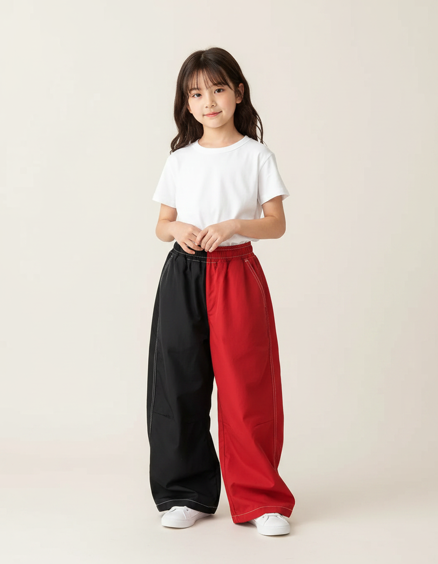 Pantalon Parachute Bicolore Ample Rouge Noir Enfant - Multicolore Polyester