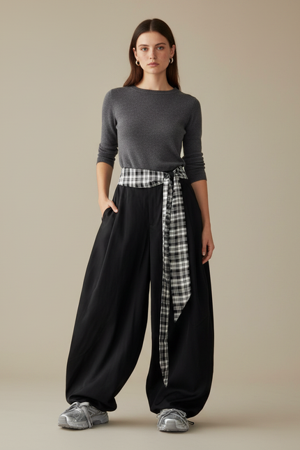 Pantalon Parachute Noir Ample Plaid Décontracté Femme - Viscose