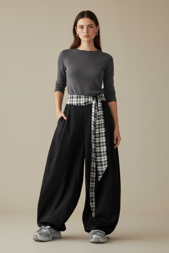 Pantalon Parachute Noir Ample Plaid Décontracté Femme - Viscose