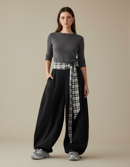 Pantalon Parachute Noir Ample Plaid Décontracté Femme - Viscose