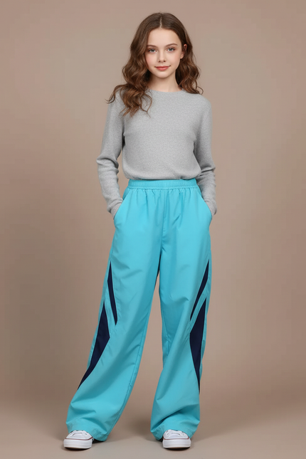Pantalon Parachute Turquoise Ample Rayures Sport Fille - Bleu Polyester