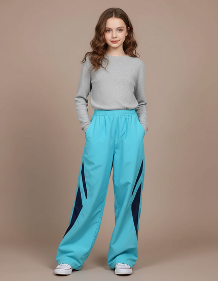 Pantalon Parachute Turquoise Ample Rayures Sport Fille - Bleu Polyester