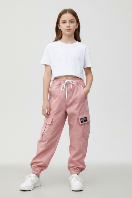 Pantalon Parachute Rose Cargo Ample Coton Enfant