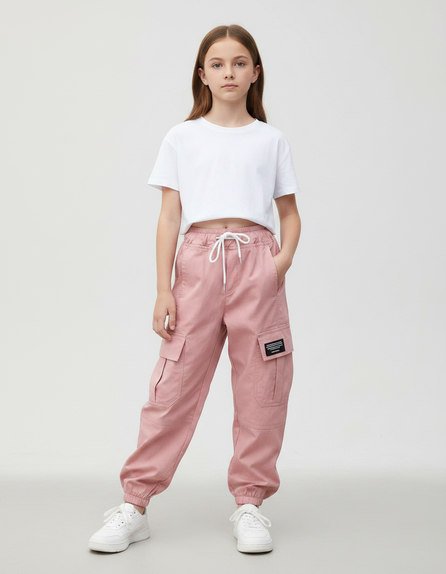 Pantalon Parachute Rose Cargo Ample Coton Enfant