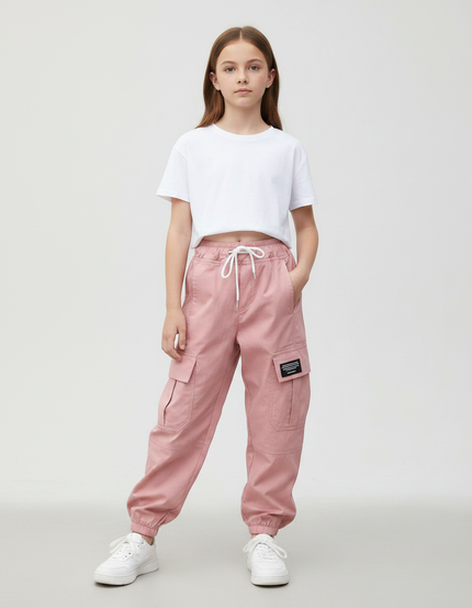 Pantalon Parachute Rose Cargo Ample Coton Enfant