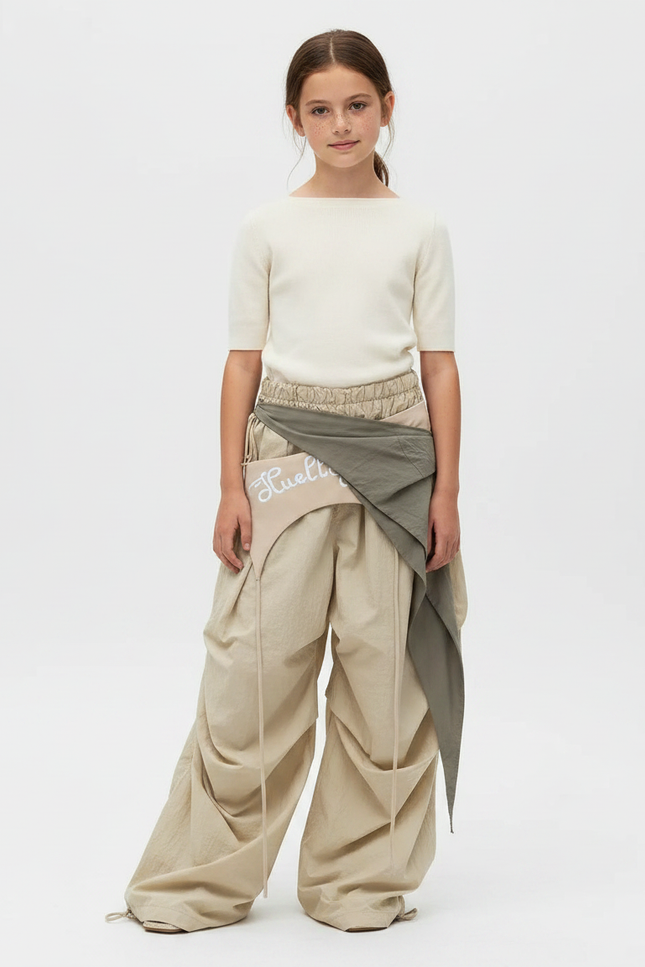 Pantalon Parachute Beige Ample Cordon Fluide Fille - Polyester