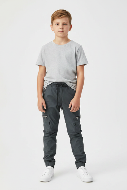 Pantalon Parachute Gris Cargo Zippé Enfant - Polyester