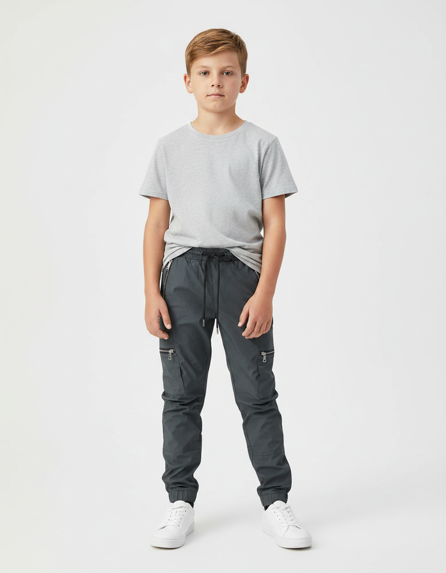 Pantalon Parachute Gris Cargo Zippé Enfant - Polyester