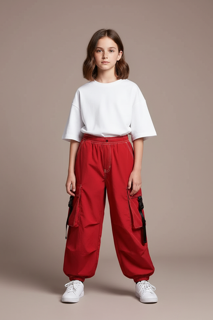 Pantalon Parachute Rouge Cargo Ample Streetwear Enfant - Polyester