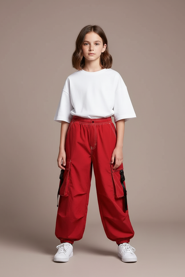 Pantalon Parachute Rouge Cargo Ample Streetwear Enfant - Polyester