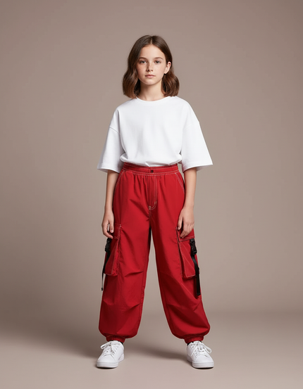 Pantalon Parachute Rouge Cargo Ample Streetwear Enfant - Polyester