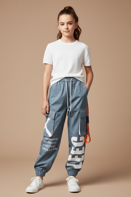 Pantalon Parachute Gris Imprimé Streetwear Cargo Ample - Toile