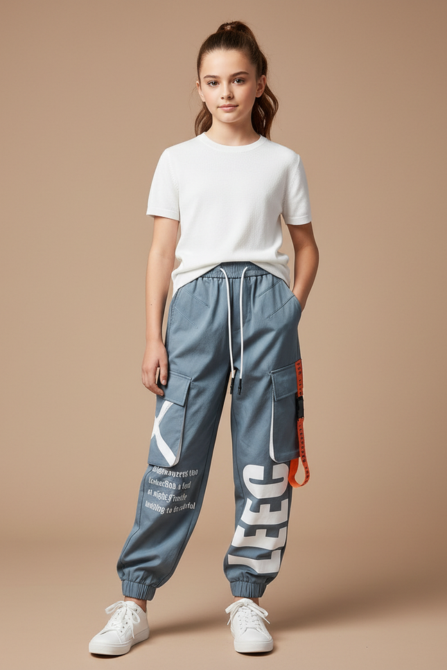 Pantalon Parachute Gris Imprimé Streetwear Cargo Ample - Toile