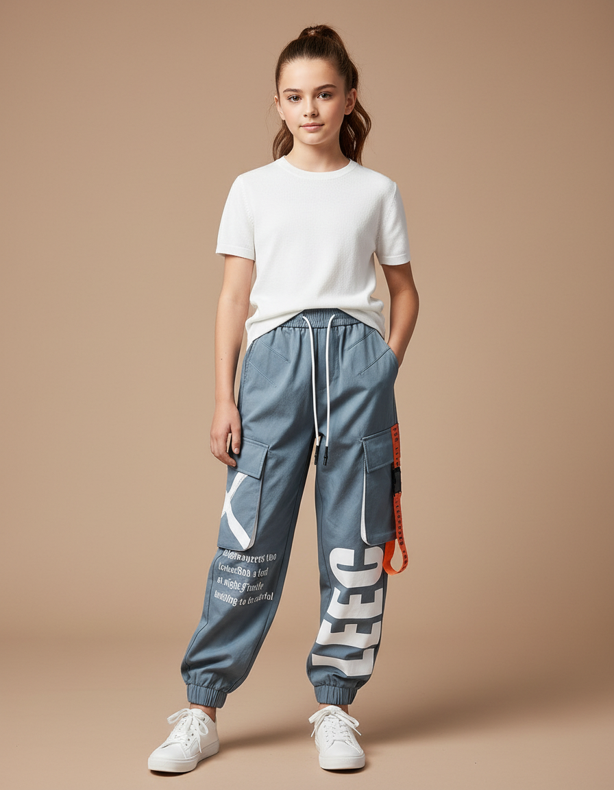 Pantalon Parachute Gris Imprimé Streetwear Cargo Ample - Toile
