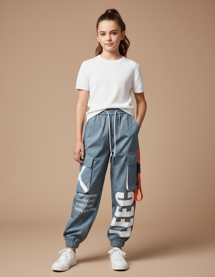 Pantalon Parachute Gris Imprimé Streetwear Cargo Ample - Toile