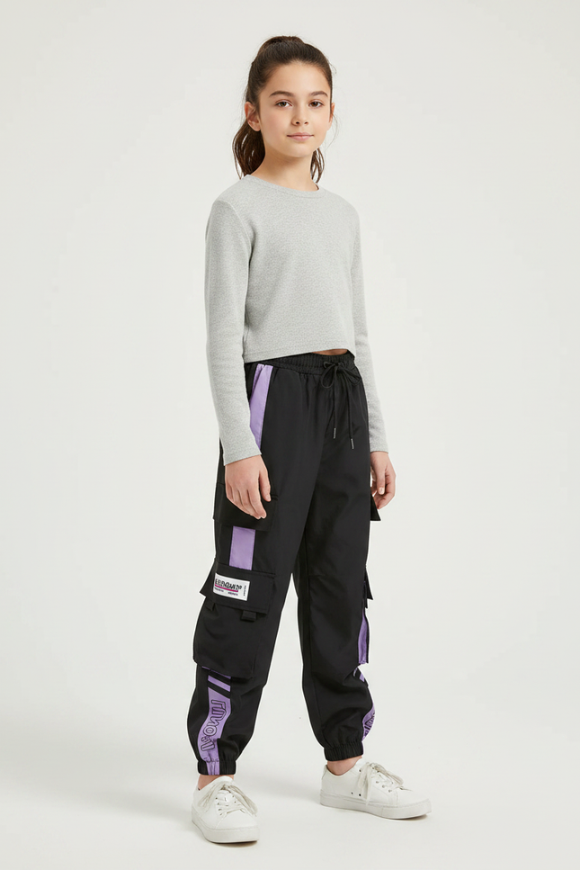 Pantalon Parachute Noir Violet Cargo Ample Décontracté - Polyester