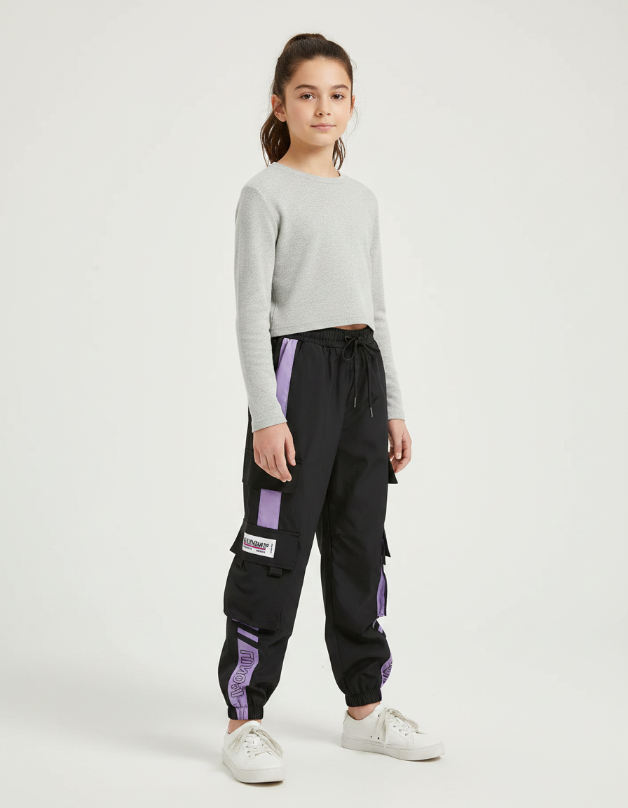 Pantalon Parachute Noir Violet Cargo Ample Décontracté - Polyester