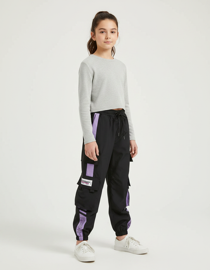 Pantalon Parachute Noir Violet Cargo Ample Décontracté - Polyester