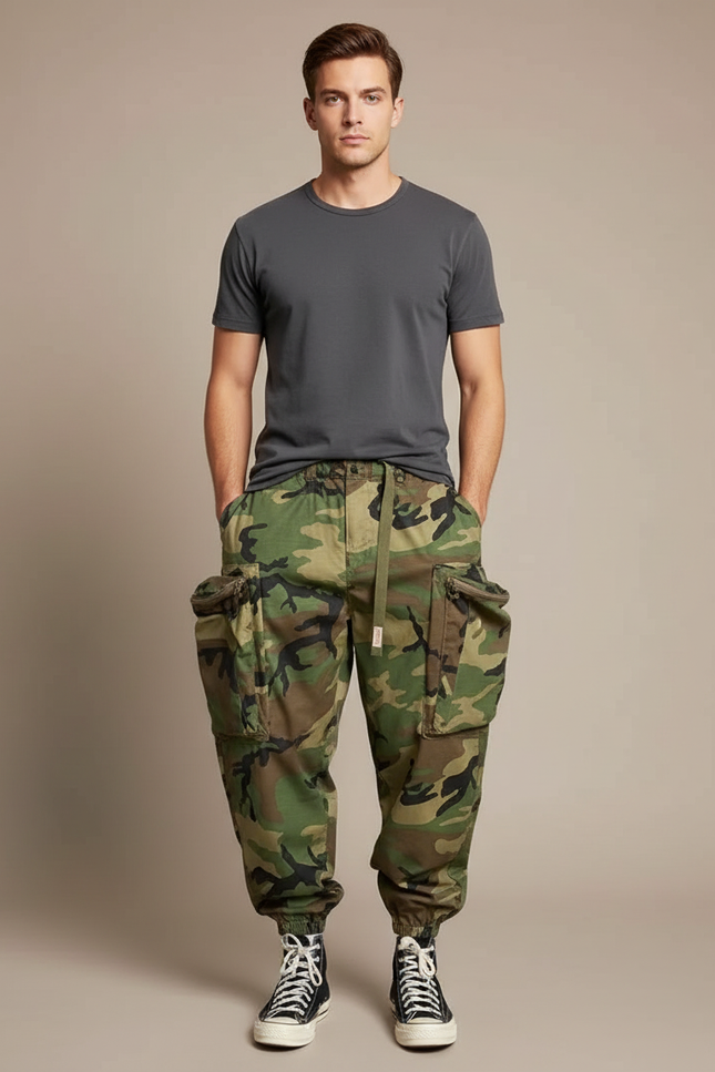 Pantalon Parachute Camouflage Cargo Ample Militaire Homme - Multicolore Toile