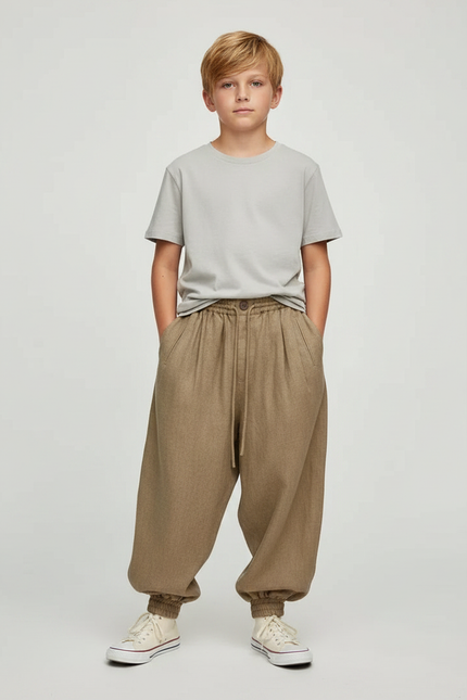 Pantalon Parachute Kaki Ample Cordon Enfant - Laine