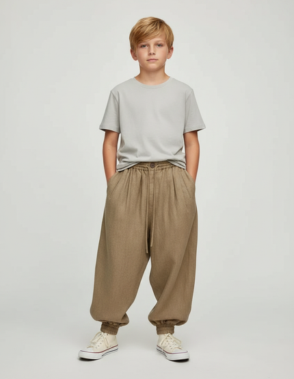 Pantalon Parachute Kaki Ample Cordon Enfant - Laine