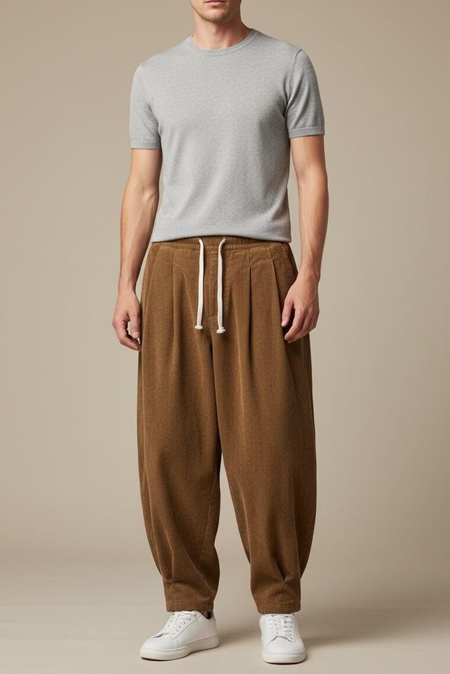 Pantalon Parachute Côtelé Ample Marron Décontracté Homme - Cordé