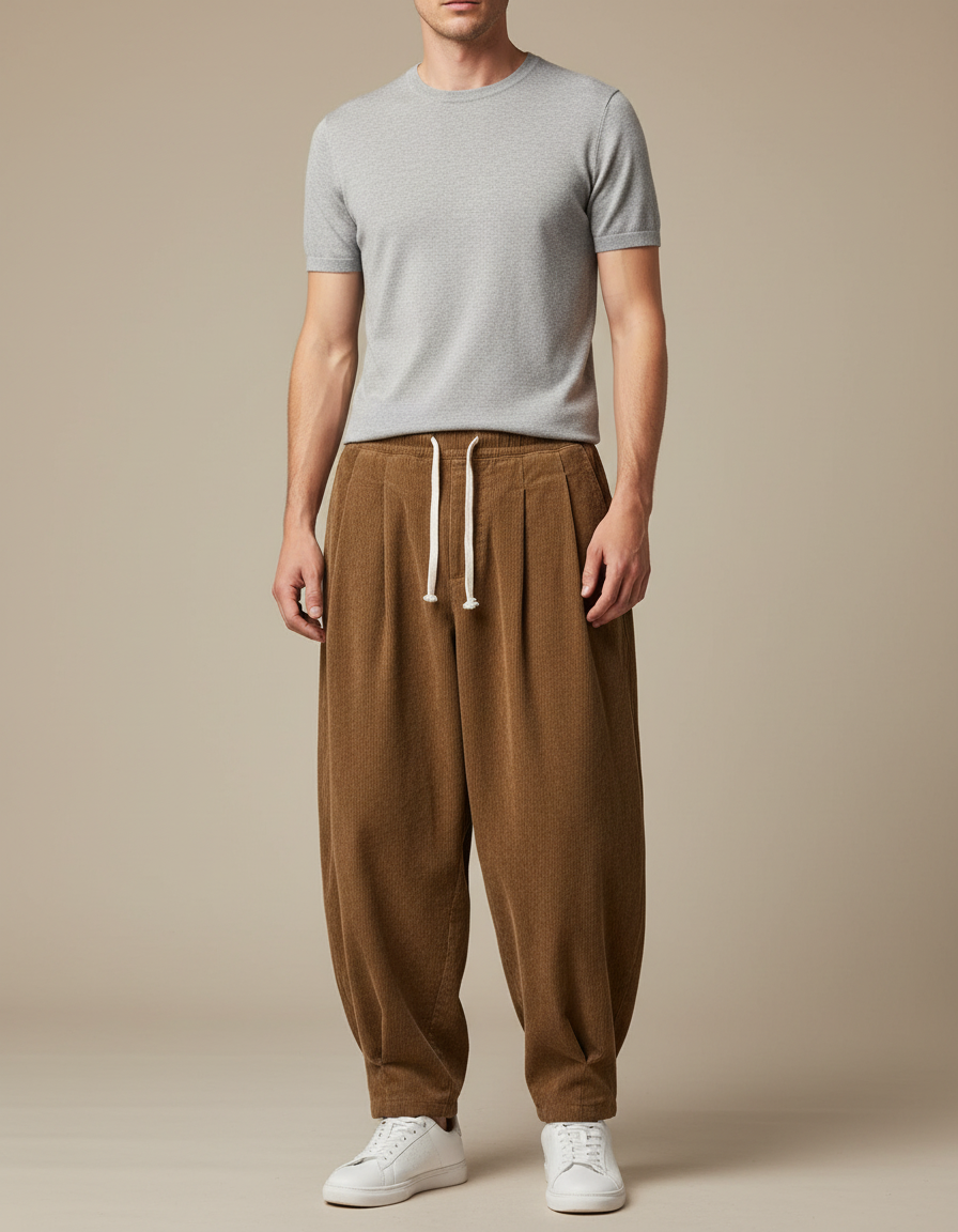 Pantalon Parachute Côtelé Ample Marron Décontracté Homme - Cordé