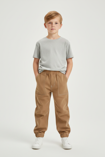 Pantalon Parachute Marron Coton Ample Garçon Décontracté - Camel