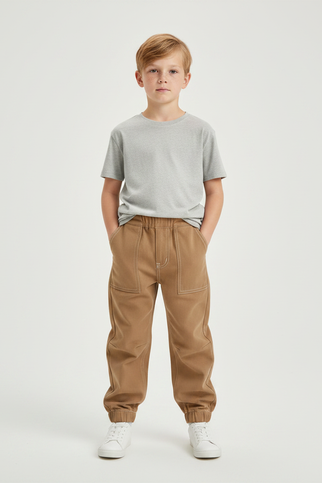 Pantalon Parachute Marron Coton Ample Garçon Décontracté - Camel