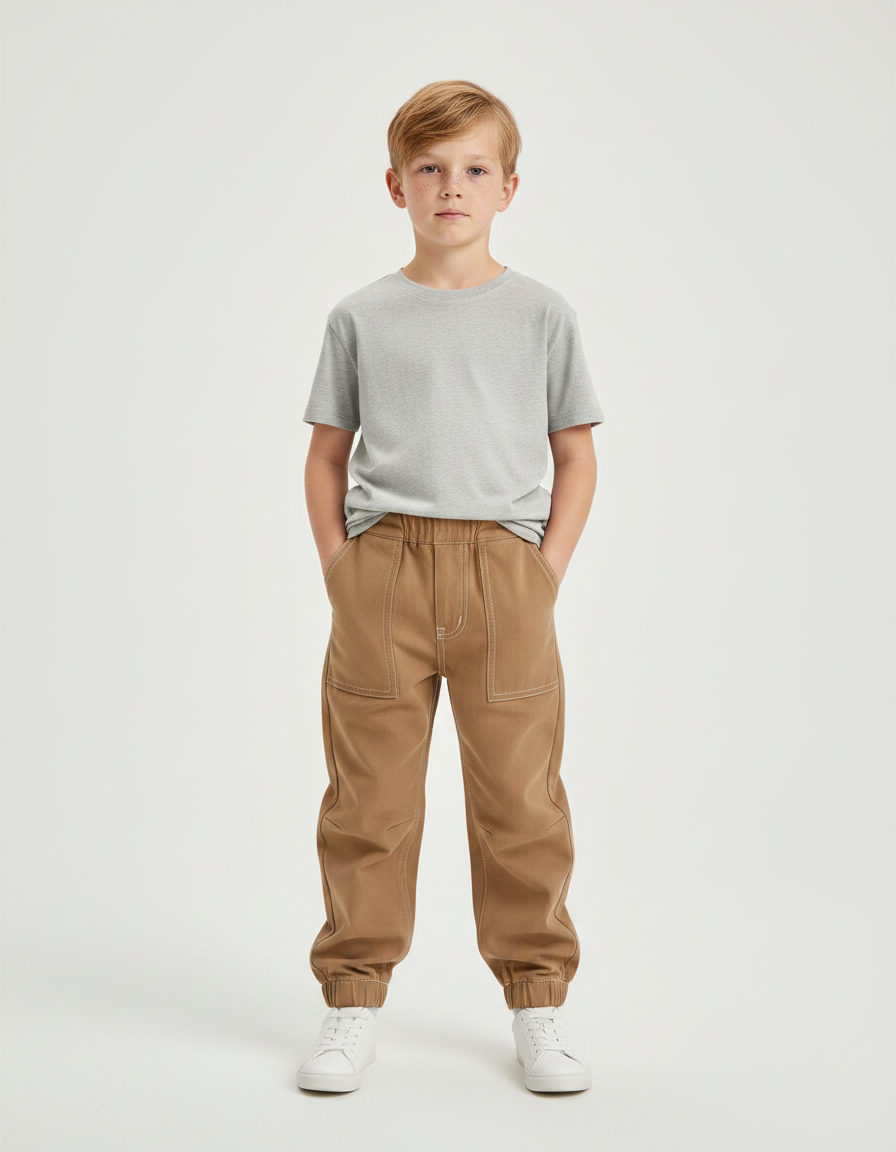 Pantalon Parachute Marron Coton Ample Garçon Décontracté - Camel