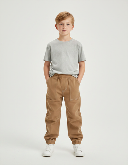 Pantalon Parachute Marron Coton Ample Garçon Décontracté - Camel