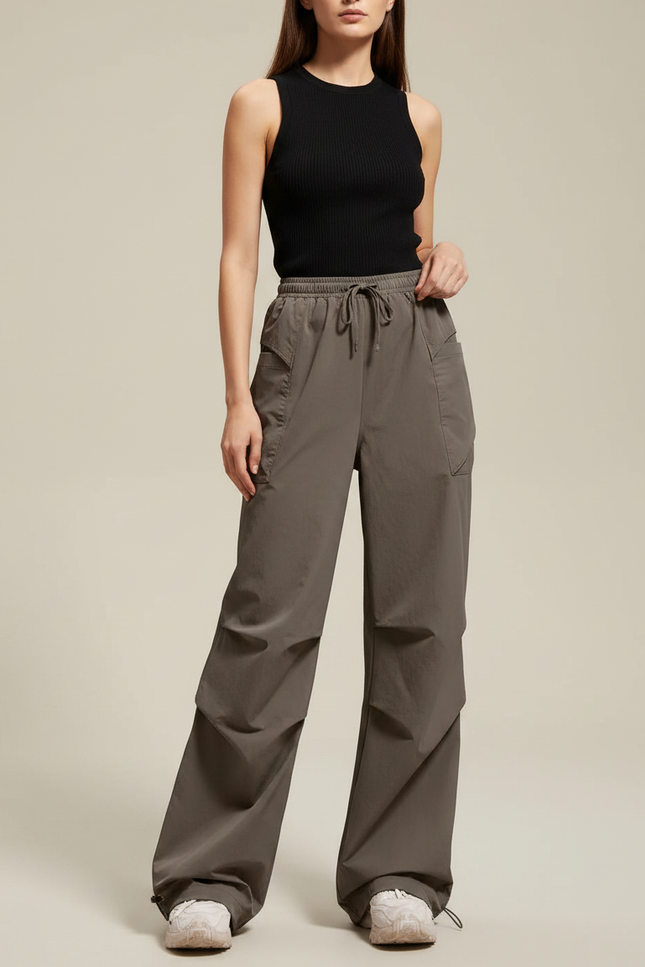 Pantalon Parachute Femme Kaki Baggy Nylon - Polyester