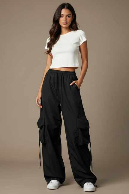Pantalon Parachute Noir Cargo Ample Femme - Polyester